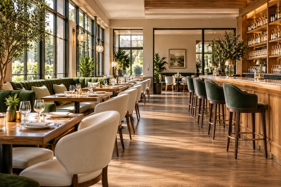 Neatly arranged restaurant dining tables, green seating and a clean bar counter