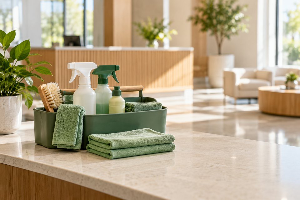 Commercial cleaning caddy with spray bottles, brushes and folded sage cloths