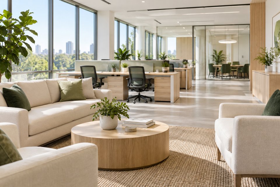 Bright office with clean workstations, a tidy reception and meeting room