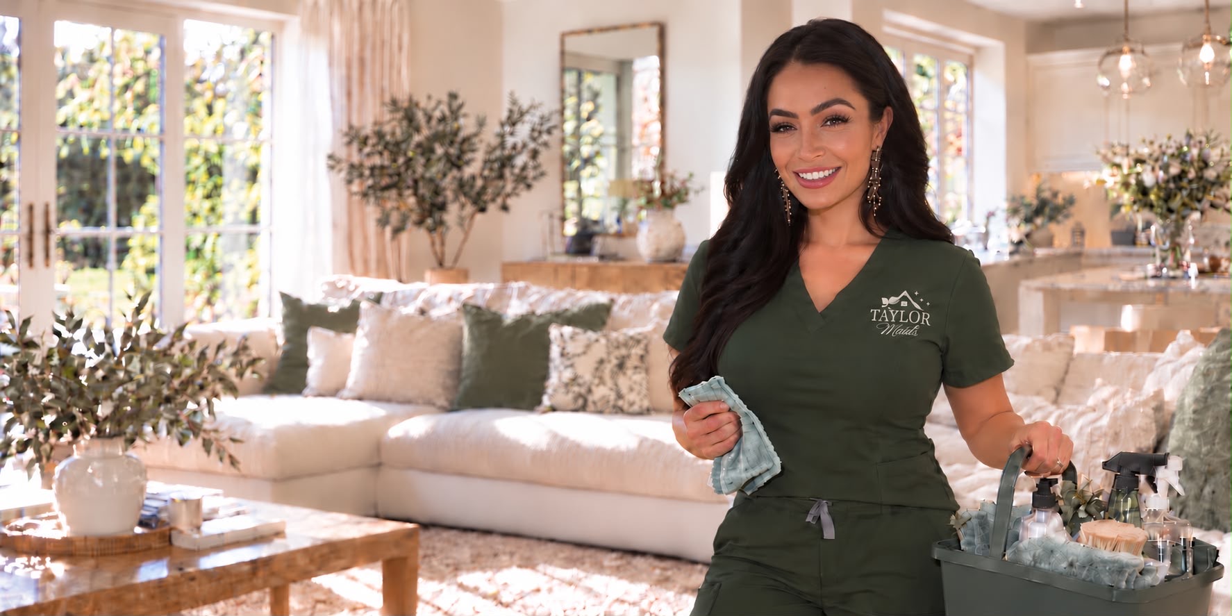 Taylor Maids NW cleaner in a green branded uniform in a bright, clean home